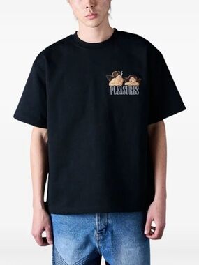 PLEASURES Black Tee with Red Logo Tag NWOT Medium